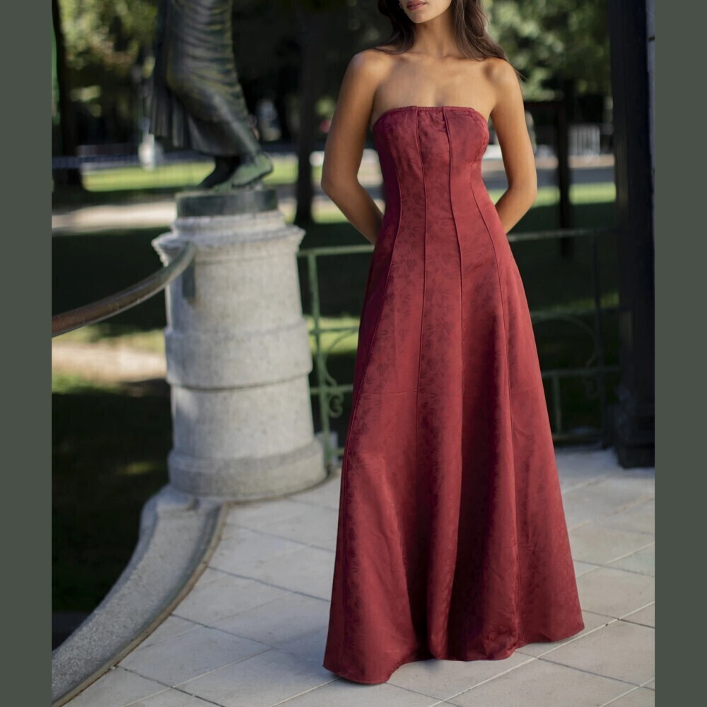 Burgundy Strapless Seamed A-Line Maxi Dress